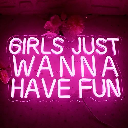 Image of Girls Just Wanna Have Fun Neon Sign for Wall Decor, Retro Style Pink LED Neon Signs, Wedding Party Girl Neon Light Sign,USB Powered for Teen Bedroom Aesthetic Wedding Party Christmas Birthday