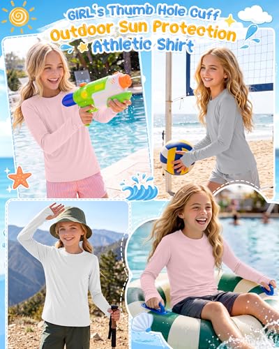 Image of 3 Pack Girls' Rash Guard Swim Long Sleeve Shirt UPF 50+ UV Sun Protection Quick Dry Tee with Thumb Holes 5-14Y