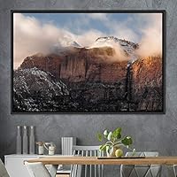 Framed Canvas Wall Art Foggy Mountains Aerial Cool Multicolor Nature Photography Realism Relax/Calm Rustic Wilderness - 16x24 inches