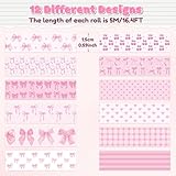 BkeeCten 12pcs Pink Bow Washi Tape, Trendy Watercolor Pink Bow Cherry Preppy Aesthetic Decorative Tape, Cute Bowknot Heart Buffalo Plaid Artistic Tape for DIY Craft Scrapbook Wrapping Decor
