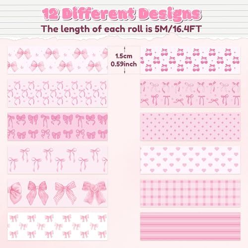 BkeeCten 12pcs Pink Bow Washi Tape, Trendy Watercolor Pink Bow Cherry Preppy Aesthetic Decorative Tape, Cute Bowknot Heart Buffalo Plaid Artistic Tape for DIY Craft Scrapbook Wrapping Decor