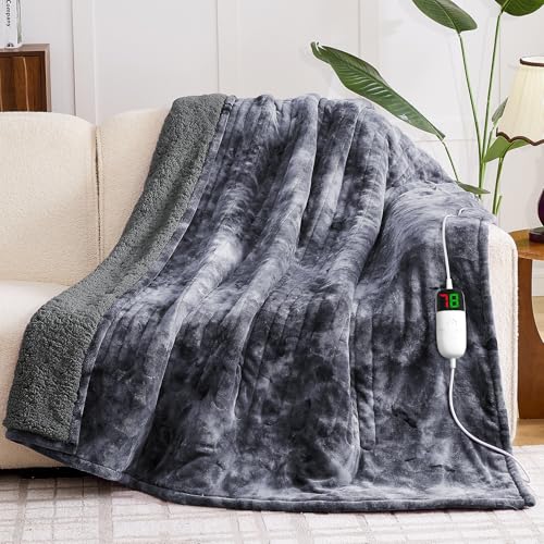 greenoak Heated Electric Blanket Throw, Faux Fur Sherpa Heating Blanket for Sofa Bed, Warm Winter Gift for Dad/Grandma, Heater Lap Blankets 5-Position Timer &10 Heating Levels 50''*60