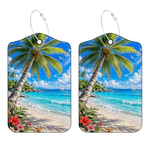 Image of Tropical Beach Palm Tree Luggage Tags 2 Pack, PU Leather