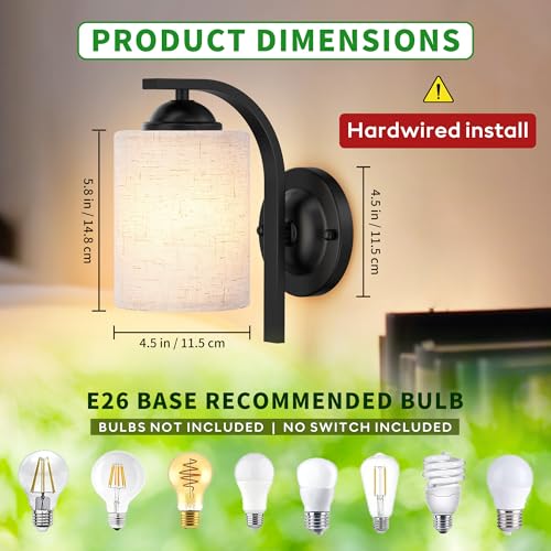 Image of 2-Pack Wall Sconces for Bedroom and Bathroom, Matte Black Farmhouse Wall Light Fixtures with Fabric Shade, Modern Vanity Wall Lamps for Living Room, Hallway, Kitchen