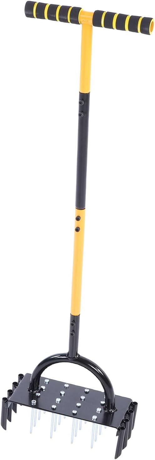 Diydeg Lawn Aerator, 16 Spikes 8 Cores Push Spike Aerator Lawn Tool with T Handle, Carbon Steel Heavy Duty Manual Push Soil Aerating Tool for Garden Yard Grassland Care Compact Soil