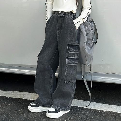 Girls Distressed Cargo Jeans Youth Baggy High Waist Wide Leg Denim Pants Trendy Streetwear Black Denim Trousers4