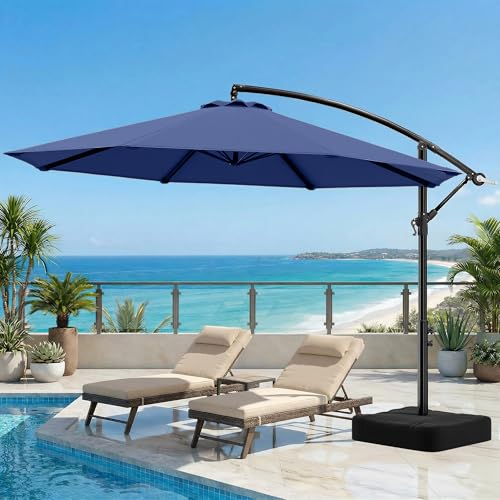 OLILAWN Cantilever Offset Patio Umbrellas, Outdoor 10 feet Large Patio Umbrella with Base Included, Upgraded Yarn-dyed Fabric Shade, Sturdy 8 Rids, 360 Degree Rotation & Easy Tilt Adjustment, for Pool Deck Porch Backyard Garden, Sapphire