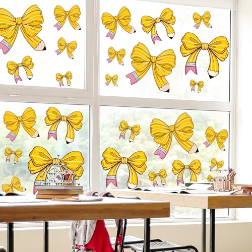 Image of Whaline 9 Sheets Pencil Coquette Bow Window Clings Back to School Pencil Bowknot Reusable Window Decals for First Day of School Home Nursery Classroom Decor