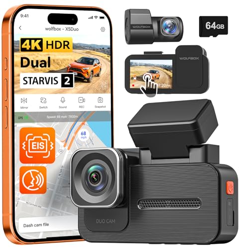 WOLFBOX X5 Duo 4K+2.5K Dash Cam Anti-Shake, 8MP STARVIS 2 IMX678 IMX675, Dual Car Camera Front and Rear, 5.8GHz Wi-Fi GPS, Included 64GB Card, Voice Control, Touch Screen, Parking Mode