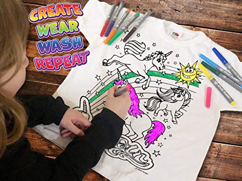 Splat Planet Colour-in Unicorn T-Shirt with 10 Non-Toxic Washable Magic Pens - Colour-in and Wash Out T-Shirt (Age 3-4) White - Image 4