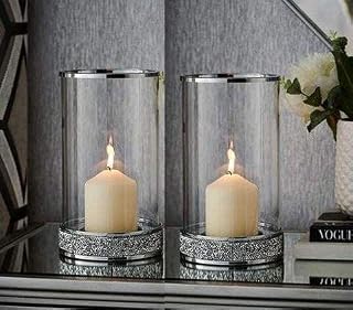 Biznest Set of 2 Silver Crystal Crushed Diamante Mirror Hurricane Holder Pillar Candle Holder for Christmas