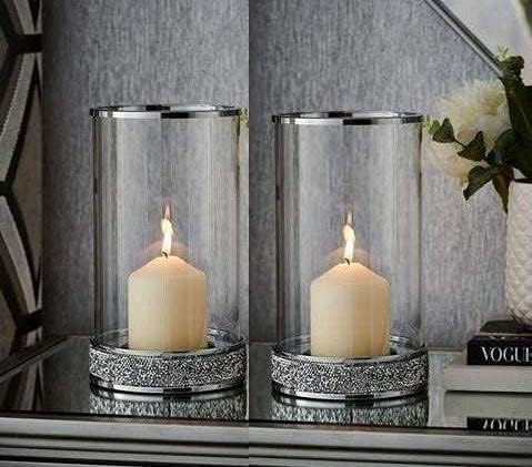 Biznest Set of 2 Silver Crystal Crushed Diamante Mirror Hurricane Holder Pillar Candle Holder for Christmas