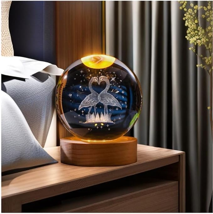Image of 3D Flamingo Crystal Figurines with Wooden Light Base Gifts, Ball Lamp with Wooden Light Base, Ball Laser Engraved Glass Sphere Home Decor (Flamingo)