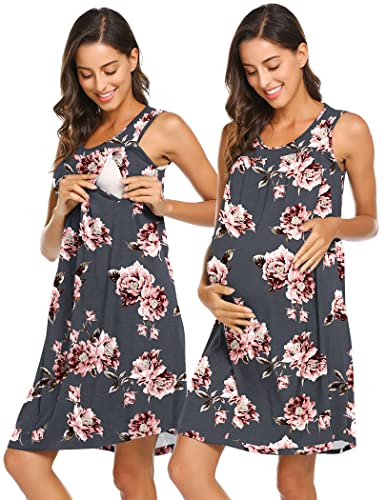 Image of Ekouaer Women's Maternity Sleepwear Short Sleepwear Nursing Nightgown Floral-Grey X-Large