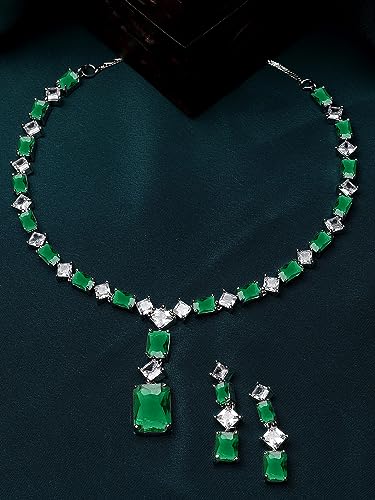 Image of Karatcart Elegant Silver Plated Blue American Diamond Necklace Set for Women