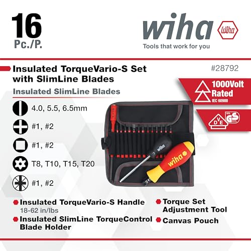 Image of Wiha 28792 Insulated Torque Control Driver & SlimLine Blade Set, 16 Piece, 18-62 in-lb, Slotted, Phillips, Torx & Square, 1000V VDE | 18-62 in-lb, Slotted, Phillips, Torx and Square, 1000V VDE
