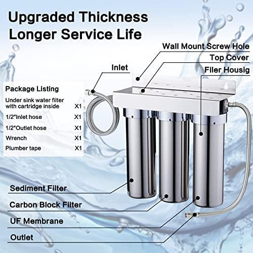 Run.se 3-Stage Under Sink Water Filter - 304 Stainless Steel Under Sink Water Filter Whole House Water Filter System Direct Connect To Home Faucet (0.01 Μm Of Contaminants) #TOP1