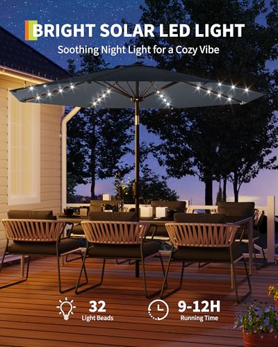 9 Ft Patio Umbrella with Solar Lights, 8 Ribs Outdoor Market Table Umbrella with 32 LED Lights & Tilt Crank for Pool, Deck, Backyard, Gray