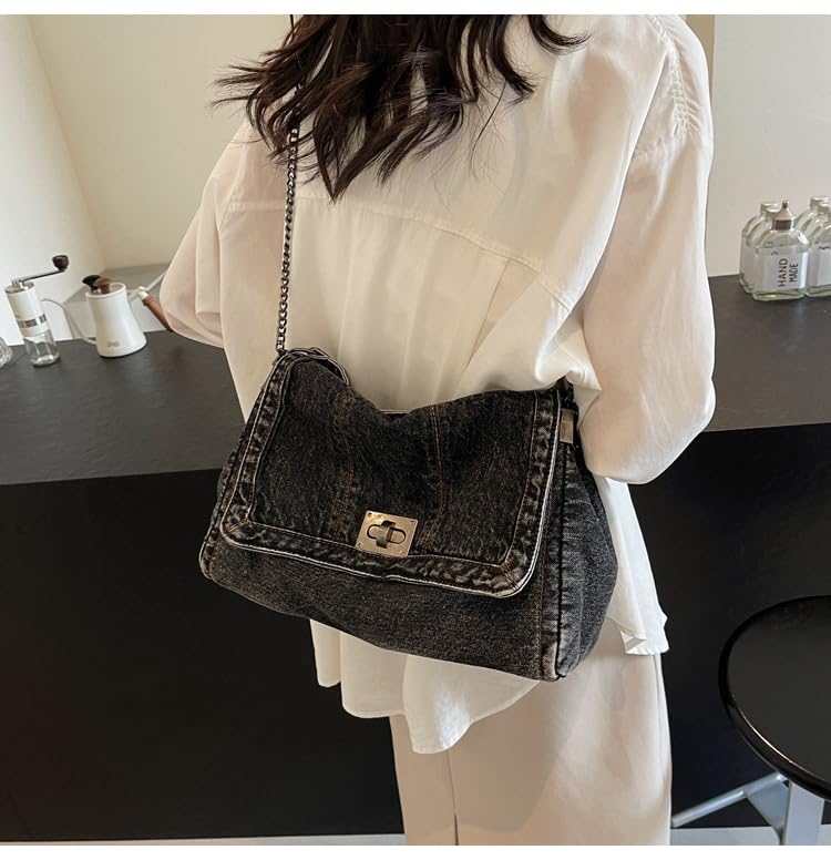 Image of Large Denim Purses for Women Denim Tote Bag Casual Retro Crossbody Lightweight Shoulder Bag Canvas Handbags