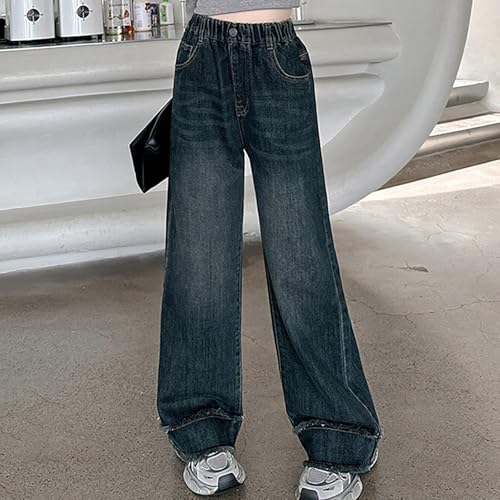 Teen Girls Baggy Straight Jeans Elastic High Waist Wide Leg Tassel Trim Denim Pants Kids Girls Stylish Stretchy Trousers2