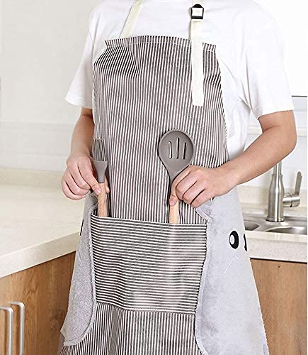Primetan Chef Bib Apron Waterproof & Adjustable Durable Stripe Apron with Convenient Pocket and 2 Side Coral Velvet Towels Stitched, for Home Kitchen, Grill, Cooking, Restaurant. (Green) 3