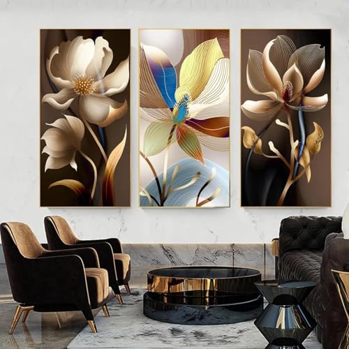Peintures murales sur toile abstraites grand format 70x140 cm fleurs et or
