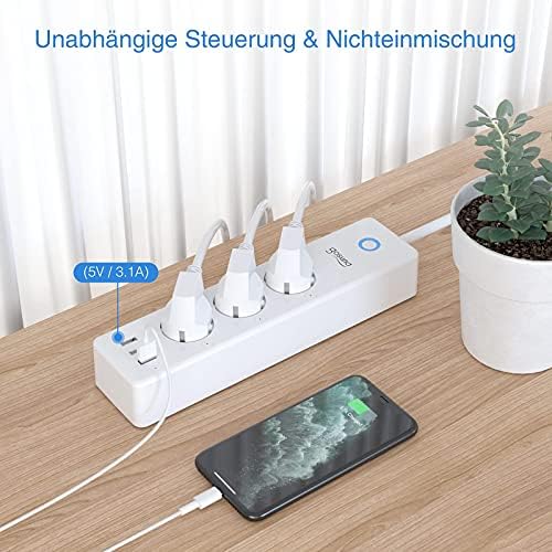 Listwa zasilająca Smart WLAN z 3 gniazdami AC, 3 USB, pojedynczo przełączana, ochrona przed przepięciem, pilot zdalnego sterowania, timer, kompatybilna z Alexa Google Home, 3-krotna listwa wtykowa,