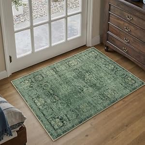 PureCozy Entryway Green Rug 2x3 Vintage Throw Rug Washable Distressed Indoor Door Mat Low Pile Non Slip Carpet for Entrance, Kitchen, Bathroom