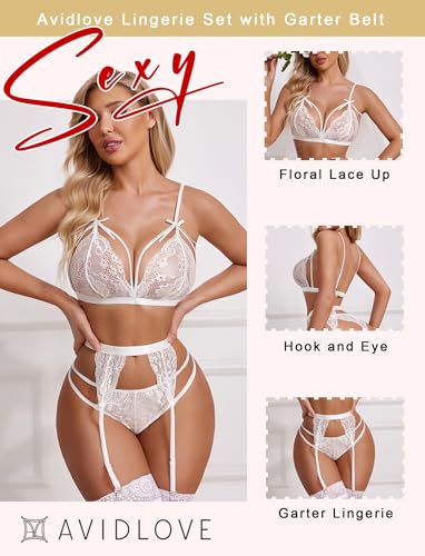 Image of Avidlove Women Lingerie Set Lace Teddy Strap Babydoll Bodysuit with Garter Belts