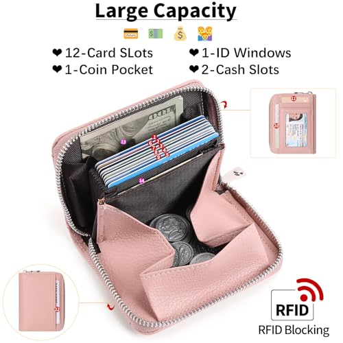 Image of GOIACII Womens Credit Card Holder Wallet Zip RFID Blocking Card Case Wallets Compact Size with ID Window Pink