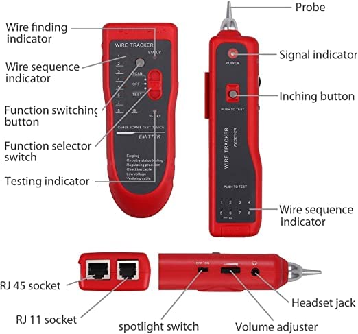 ULTRABYTES Network Cable Wire Tracker Cable Tester UTP STP RJ11 RJ45 Cat5 Cat5E Cat6 Telephone Wire Tracker Tracer Toner Detector Line Finder 3