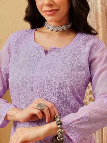 Image of Ada Women's Cotton Blend Regular Fit Tunic Hand Embroidered Lucknowi Chikankari Kota Western Top Kurti With Slip A911184