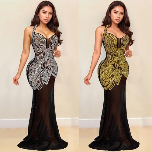 Image of PORRCEY Women's Sexy Elegant Rhinestone Bodycon Dress Hot Drilling Clubwear
