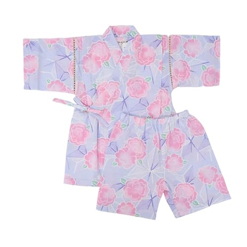 [ムニャムニャ] 甚平 女の子 子供服 キッズ 花火大会 夕涼み会 夏祭り 和柄 和服 プレゼント 浴衣 パジャマ ルームウェア 寝間着/9991/甚平/牡丹麻柄/ラベンダー80の商品画像（Amazon）
