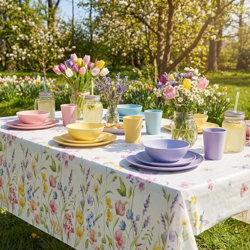 Image of NatNarr 3 Pack Wildflower Plastic Tablecloths, 54 X 108Inch Spring Tablecloth Disposable Tea Party Table Cloth, Butterfly Wildflower Porcelain Tables Decor for Tea Party Birthday Garden Wedding Party