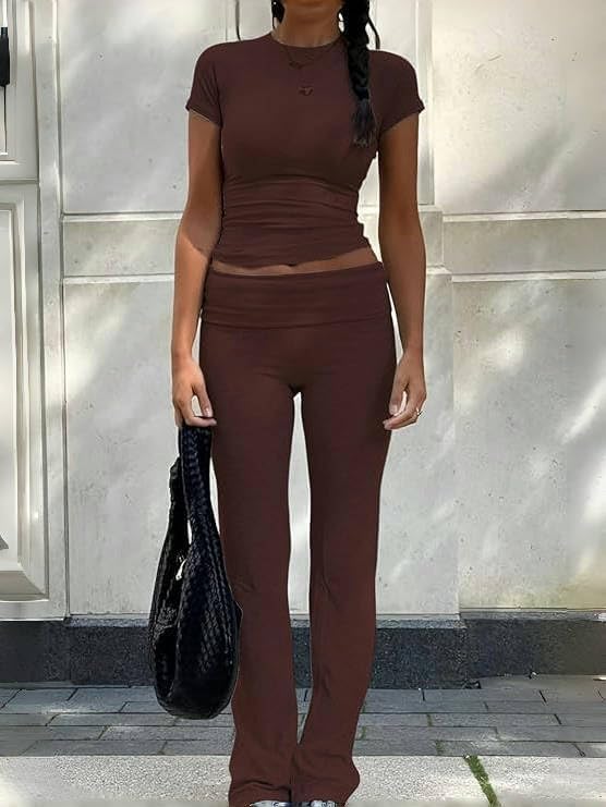 AYWA Women's 2 Piece Lounge Sets Short Sleeve Crop Top Foldover Flare Pants Casual Pajama Outfits - Image 4