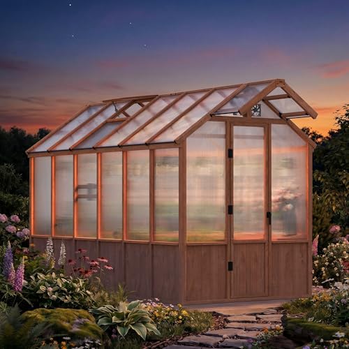 Image of Modern Shade EverBloom 6.5'x12' Wooden Greenhouse, 8' Extra-Tall Cedar Wood Greenhouse with Built-in Outdoor Faucet Kit, Heavy Duty Greenhouse with Built-in Shelving, Power Strip & Ventilation System