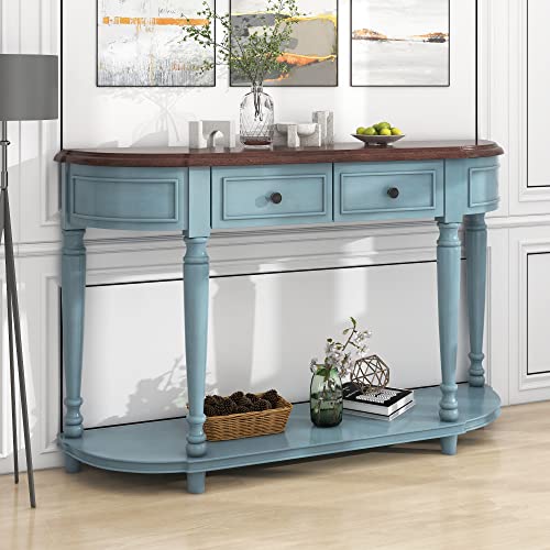 Polibi Retro Curved Console Table With Open Style Shelf And Two Top Drawers, Half Moon Entry Table With Solid Wooden Frame And Legs For Living Room, Entryway And Hallway, Antique Blue #TOP2