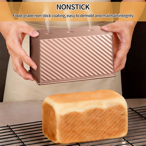 Image of 3 Pack Pullman Loaf Pan with Lids, Non-Stick Bread Loaf Pan, Heavy Duty Carbon Steel Corrugated Toast Box for Baking, Square Bread Pans for Homemade Sandwich, Bakeware (Rose Gold)