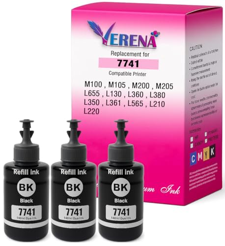 Image of VERENA T7741 Pigment Black Ink Refill Bottle Compatible for M100 / M105 / M200 / M205 / L605 / L655 / L1455 Printer (140ml Bottle) (3 Pack)