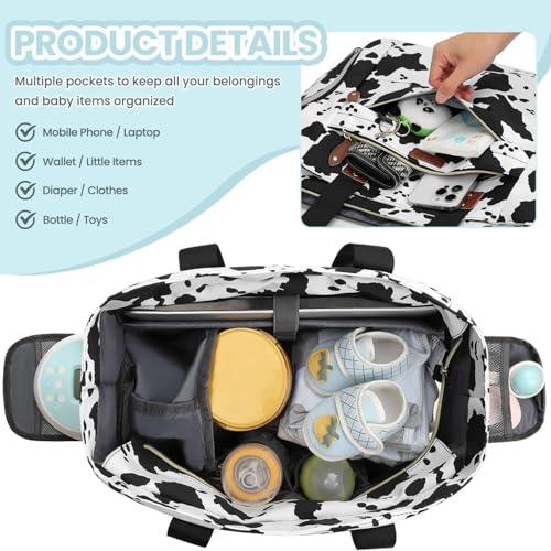 Image of Pritent Diaper Bag Tote for Working Mom, Large Travel Diaper Tote for Mom and Dad with 14 Inch Laptop Sleeve, Mommy Maternity Travel Baby Bag for Boys and Girls, Cowprint
