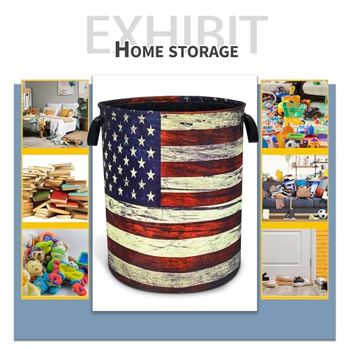 Image of Retro American Flag Laundry Basket Foldable Waterproof Hamper 18.9x16.5 In | Oxford Cloth With Reinforced Handles Lining Design Large-Capacity Storage For Bathrooms /Laundry Rooms / Living Rooms /Bedrooms