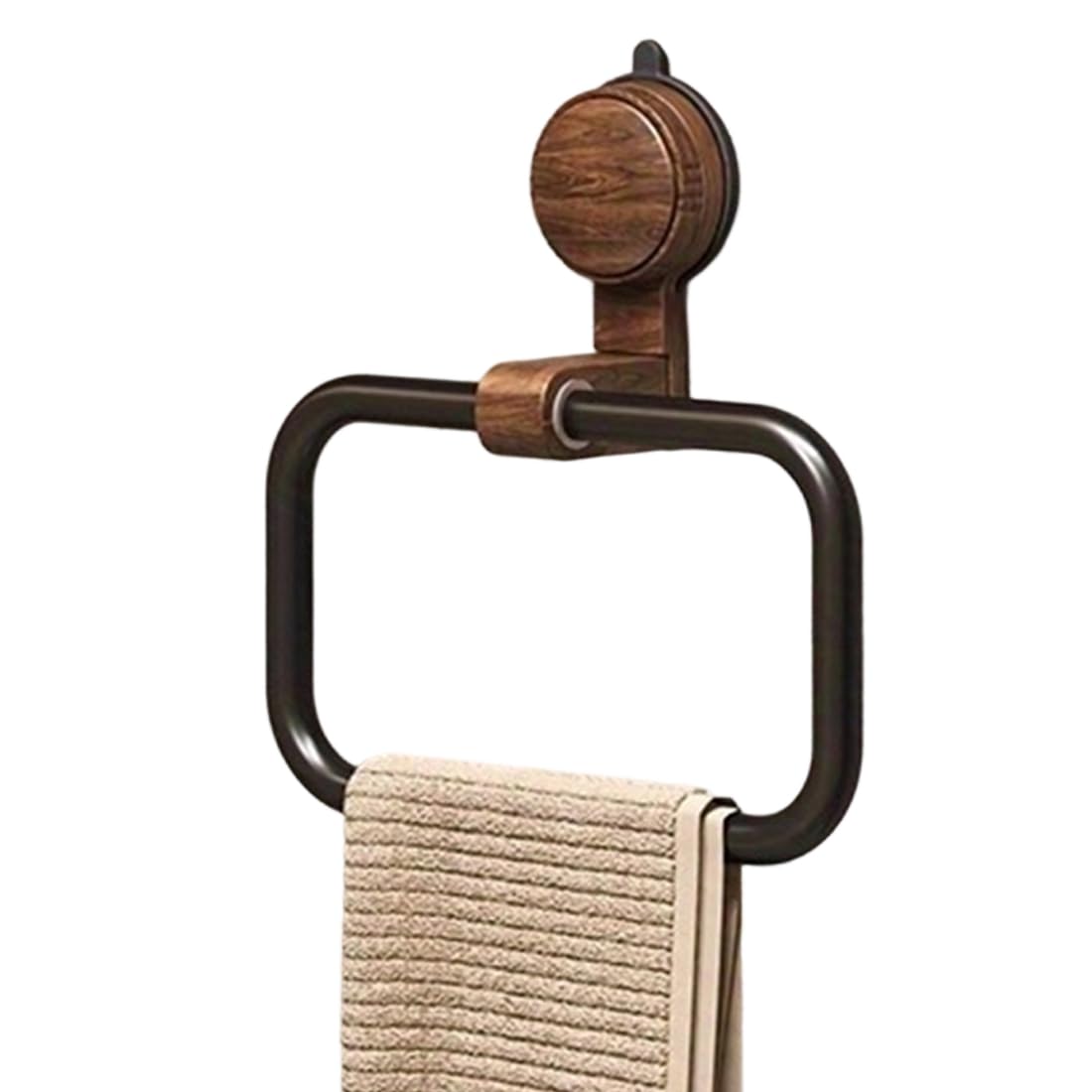 IJSDNVJNDX Vintage Style Towel Ring in Walnut Wood Featuring Holder Stainless Steel Frame, No-Drill Installation, Suction Cup Mount, Ideal for Bathroom Wall Space