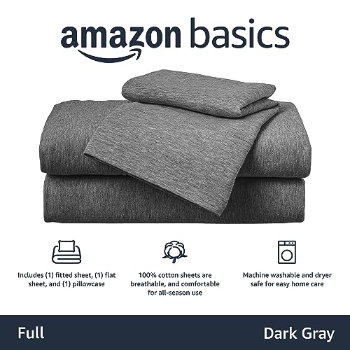 Image of Amazon Basics 4 Piece Bed Sheet Set, 100% Cotton Jersey, Includes Super Soft, Flat and Fitted Sheets, Pillowcase, Full, Dark Gray, Solid