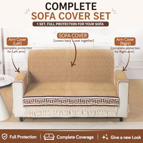Image of HOKIPO 'Imperial Tassel Series' Premium Chenille Jacquard Sofa Cover Set for 2 Seater for Seat, Back & Arms with Tassels, Caramel Brown (IN-1010 + IN-1012-I2*2)