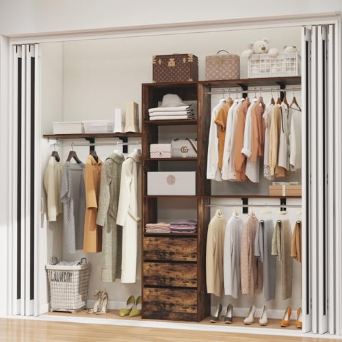 Closet-System-with-Drawers-8FT-Custom-Closet-Organizer-Systems-with-3-Shelving-Towers-Expandable-Hanging-Rods-Adjustable-Shelves-96-Walk-in-Closet-Kit-Corner-Closet-Wall-MountWalnut Closet System with Drawers 8FT Custom Closet Organizer Systems with 3 Shelving Towers Expandable Hanging Rods Adjustable Shelves 96 Walk in Closet Kit Corner Closet Wall MountWalnut