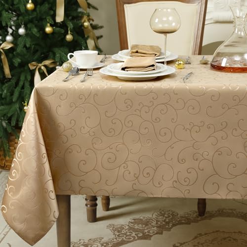 Romanstile Mantel Rectangular Antimanchas champán 140x240 cm, Diseño Jacquard Impermeable para Bodas, Pascua, Año Nuevo, Navidad, Fiesta, Exterior, Comedor