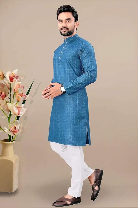 Image of FASHION GALLERY Men's Solid Pattern Polycotton Kurta with Long Sleeve Round Neck Knee Length and Pull On Closure Type|Men Kurta Pajama Set