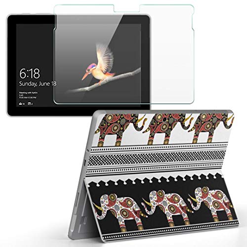 igsticker Surface Go/Surface Go 2 専用スキンシール ガラスフィルム セット 液晶保護 フィルム ステッカー アクセサリー 保護 008150 アニマル 象 ぞう 模様 アジアン