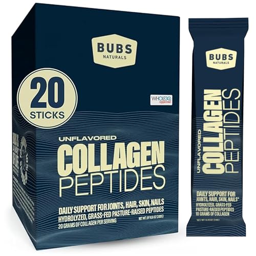 BUBS Naturals Unflavored Collagen Peptides Powder - Best Proteins for Joints & Skin - Pasture Raised Grass Fed - Paleo & Keto Friendly Whole30 Approved Non-GMO Dairy & Gluten Free (20 Stick Packs)